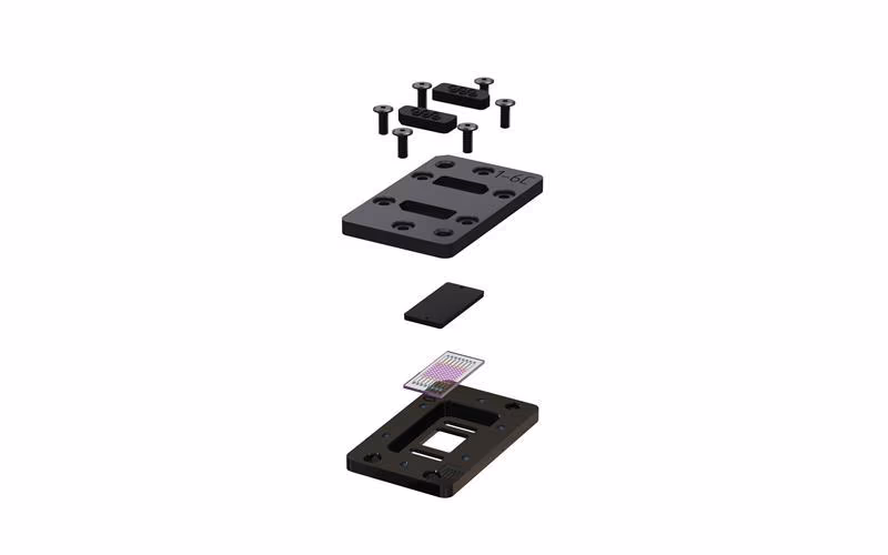 Exploded view of the molography chip cartridge assembly
